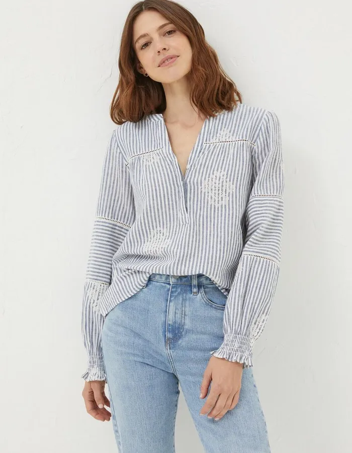 Poppy Stripe Embroidered Blouse Navy Women FatFace Shirts and Blouses