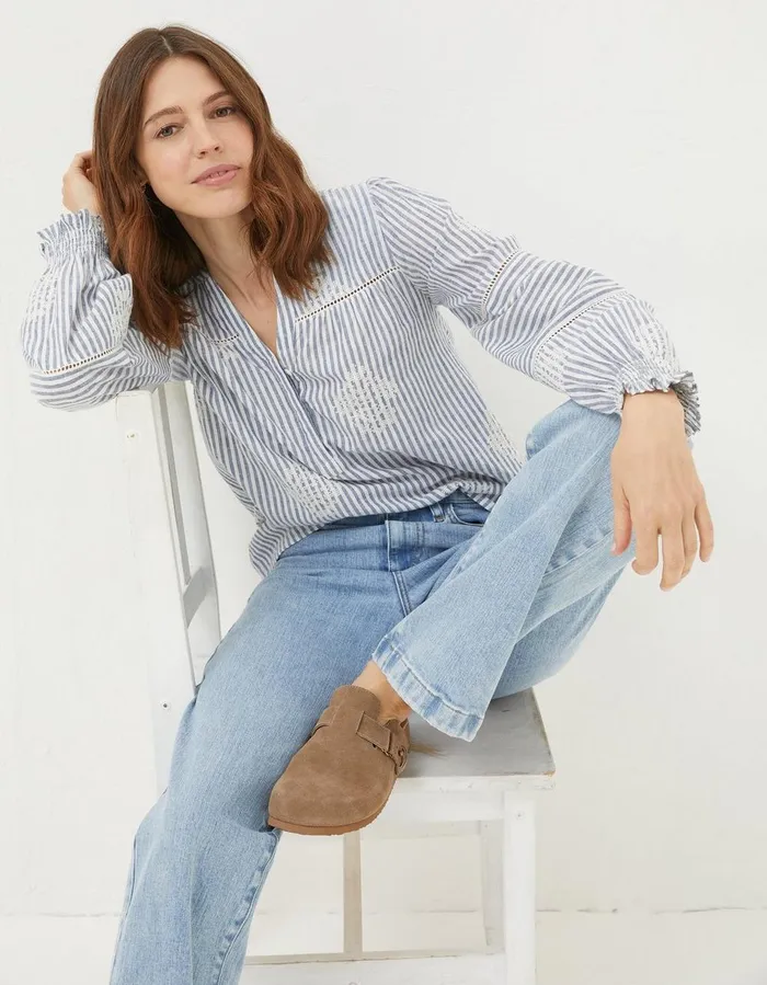 Poppy Stripe Embroidered Blouse Navy Women FatFace Shirts and Blouses