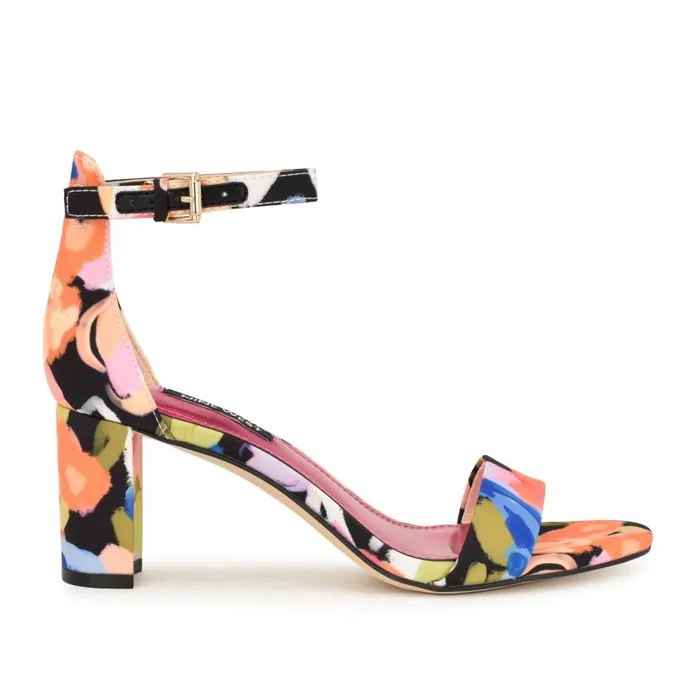 Pruce Ankle Strap Block Heel Sandals Black Floral Women Nine West Heels