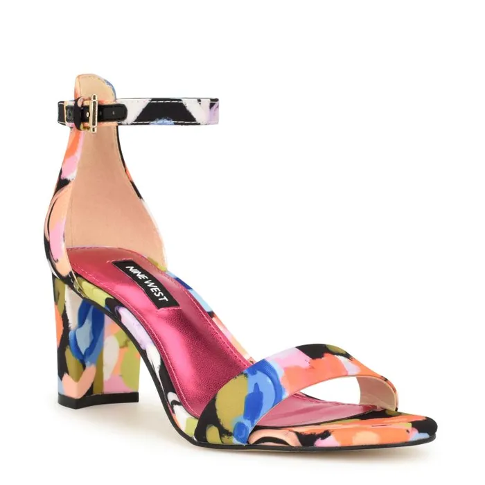 Pruce Ankle Strap Block Heel Sandals Black Floral Women Nine West Sandals