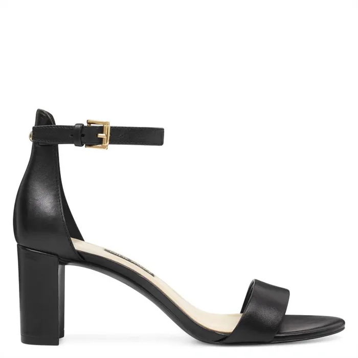 Pruce Ankle Strap Block Heel Sandals Black Leather Women Nine West Heels