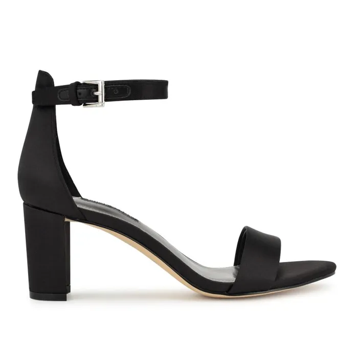 Pruce Ankle Strap Block Heel Sandals Black Satin Women Nine West Heels