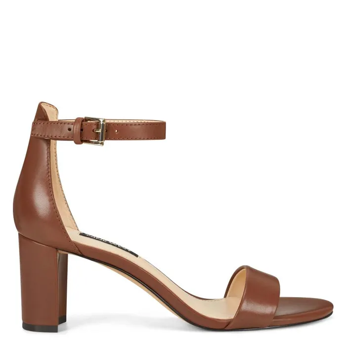 Pruce Ankle Strap Block Heel Sandals Dark Brown Leather Women Nine West Heels
