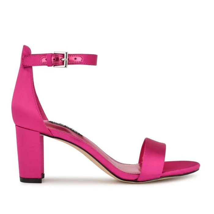 Pruce Ankle Strap Block Heel Sandals Pink Satin Women Nine West Heels
