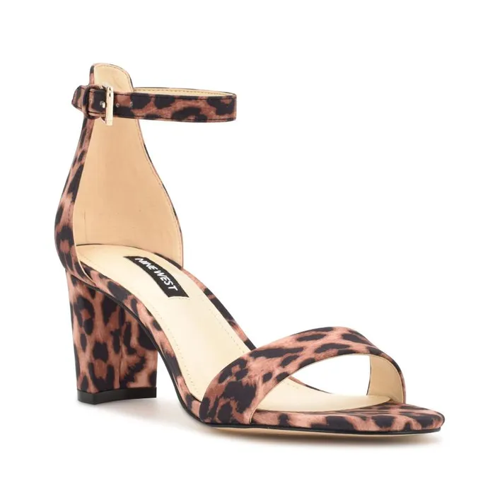 Pruce Ankle Strap Block Heel Sandals Tan Leopard Women Nine West Heels