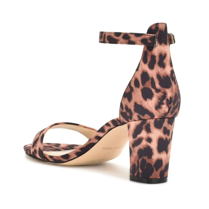 Pruce Ankle Strap Block Heel Sandals Tan Leopard Women Nine West Heels