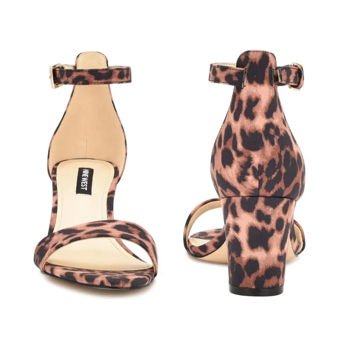 Pruce Ankle Strap Block Heel Sandals Tan Leopard Women Nine West Heels