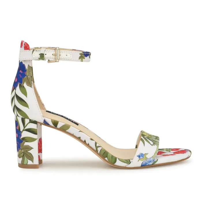 Pruce Ankle Strap Block Heel Sandals White Floral Women Nine West Heels