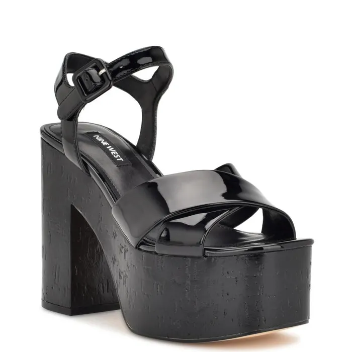 Rilay Platform Sandals Black Patent Women Nine West Heels