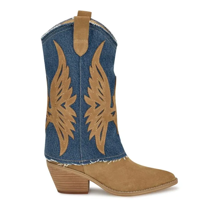 Ringer Detailed Western Boots Denimnatural Suede Women Nine West Boots and Booties