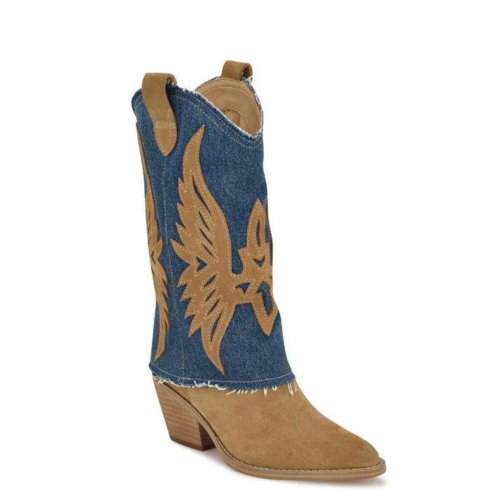 Ringer Detailed Western Boots Denimnatural Suede Women Nine West Boots and Booties