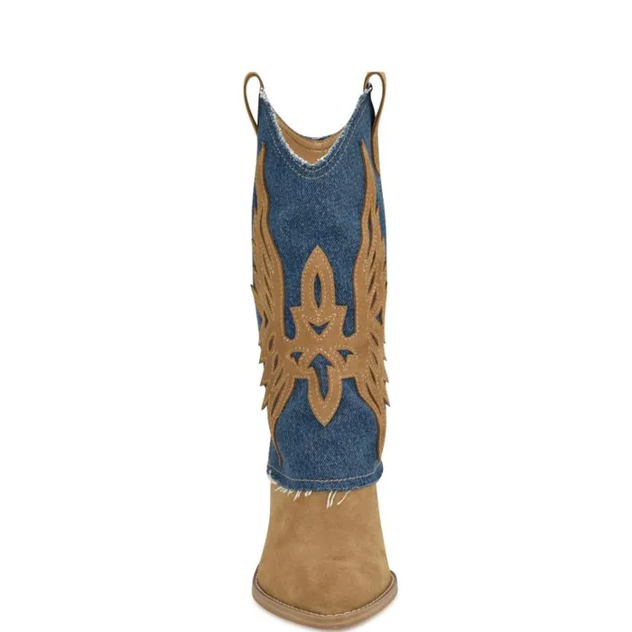 Ringer Detailed Western Boots Denimnatural Suede Women Nine West Boots and Booties