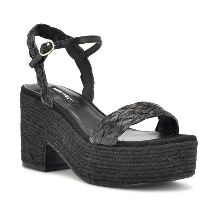 Rivva Heeled Espadrille Sandals Black Raffia Women Nine West Heels