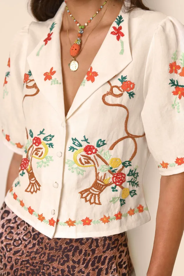 RIXO Tops Caterina Basket Embroidery Cream 8211 Women