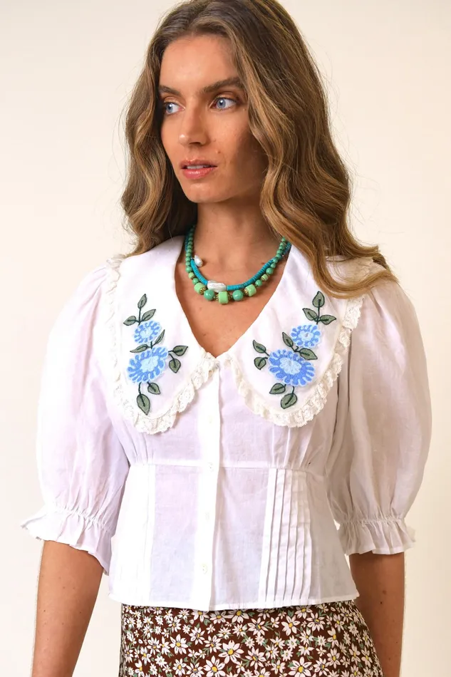 RIXO Tops Tuscany Blue Floral Embroidery 8211 Women