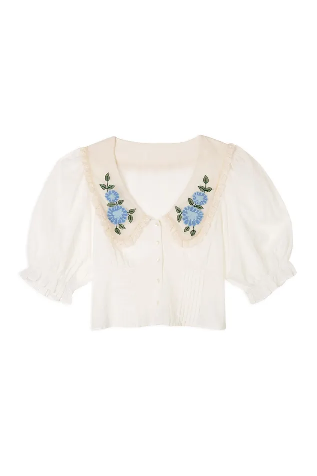 RIXO Tops Tuscany Blue Floral Embroidery 8211 Women RIXO Tops Tuscany Blue Floral Embroidery 8211 Women