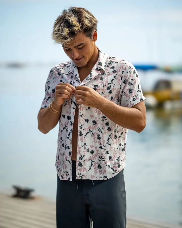 RVCA Flannels Flannels Beat Print Short Sleeve Shirt Antique White Anw