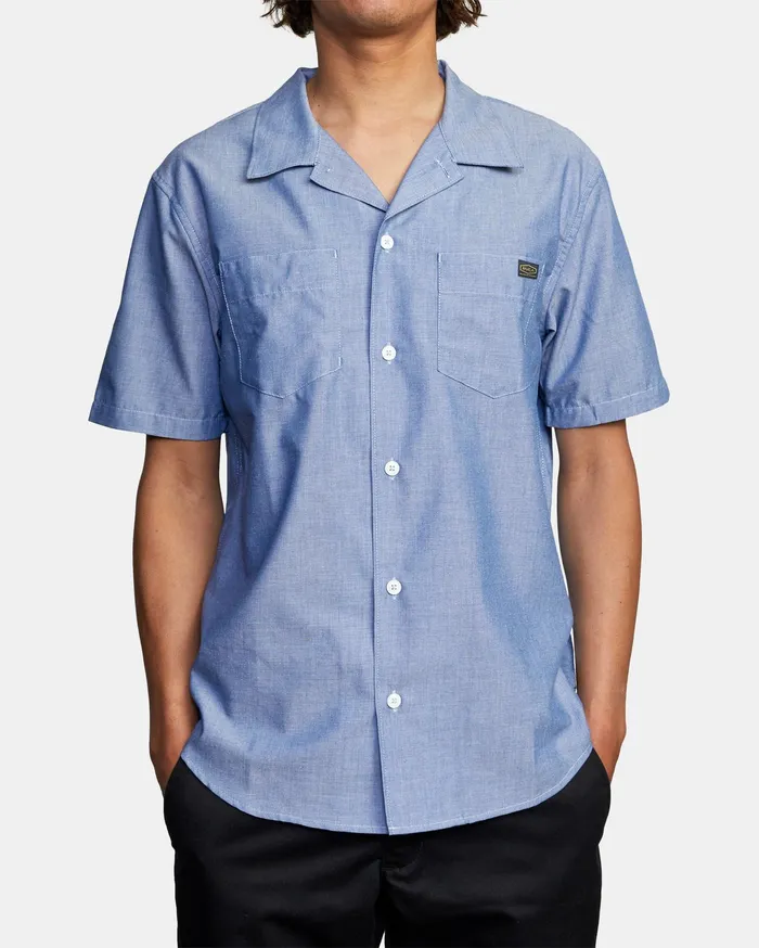 RVCA Flannels Flannels Recession Day Shift Short Sleeve Shirt Blue Chambray Bec