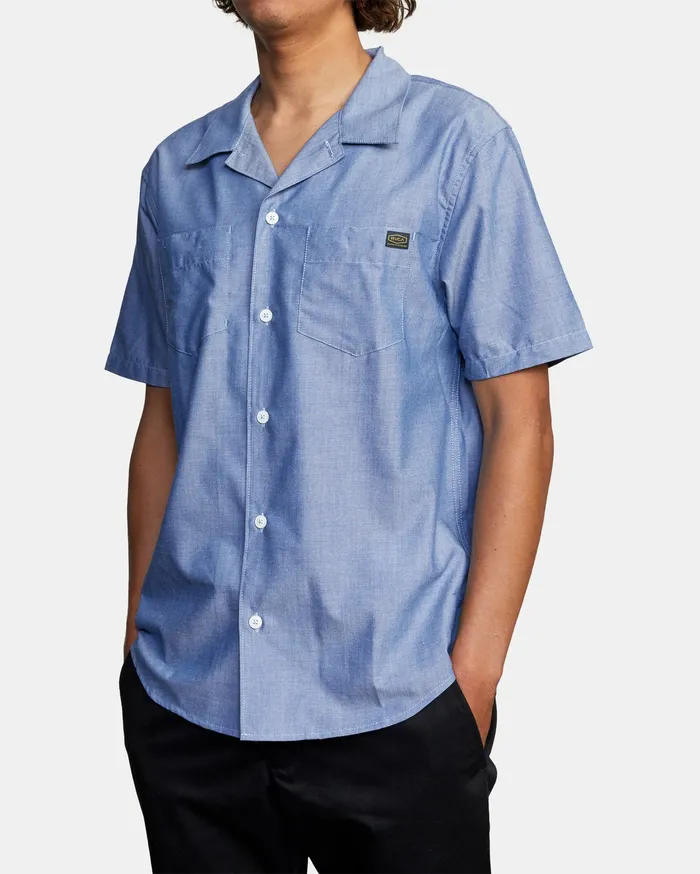 RVCA Flannels Flannels Recession Day Shift Short Sleeve Shirt Blue Chambray Bec