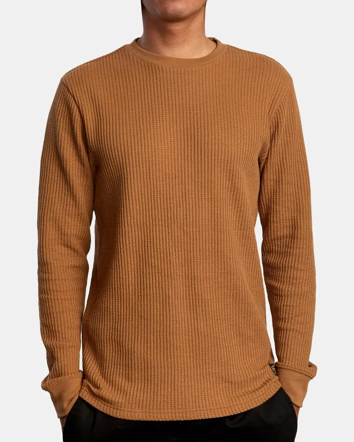 RVCA Mens Knit Recession Day Shift Long Sleeve Thermal Shirt Camel Cml