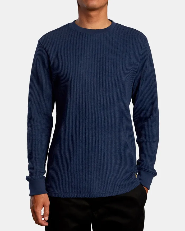 RVCA Mens Knit Recession Day Shift Long Sleeve Thermal Shirt Navy Nvy