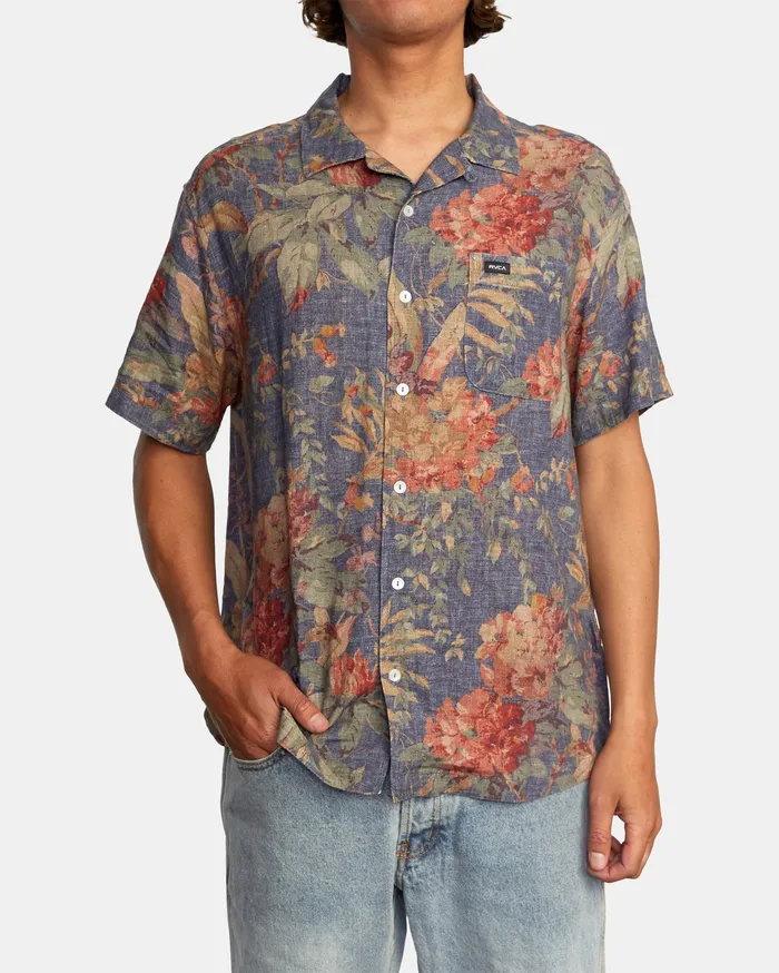 RVCA Mens Shirts Beat Print Short Sleeve Shirt Indigo Ind Cheap On Sale