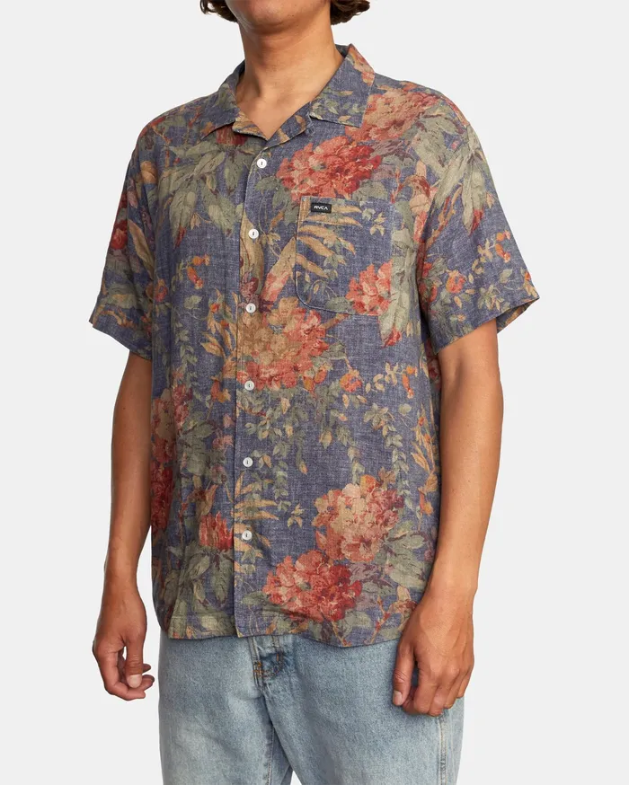 RVCA Mens Shirts Beat Print Short Sleeve Shirt Indigo Ind Cheap On Sale