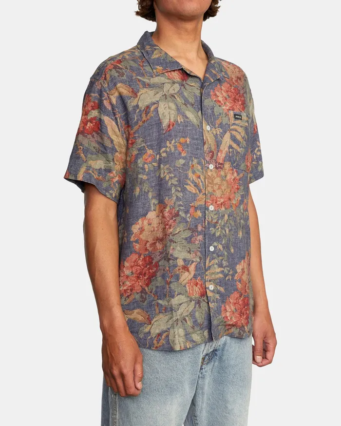 RVCA Mens Shirts Beat Print Short Sleeve Shirt Indigo Ind Cheap On Sale