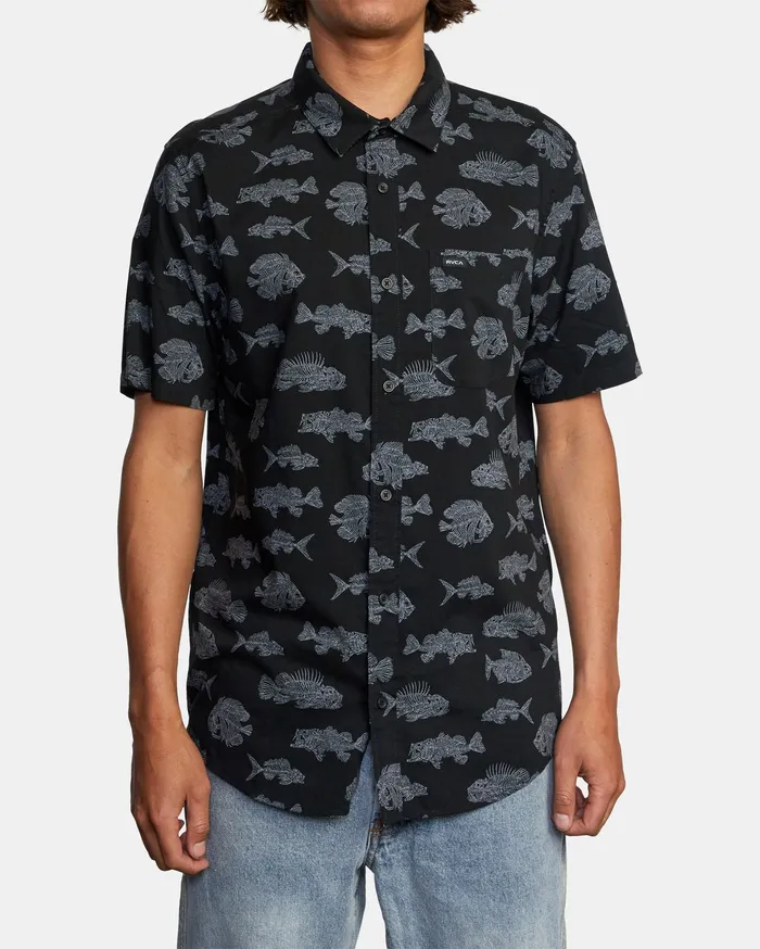 RVCA Mens Shirts Ben Horton Dead Fish Short Sleeve Shirt Black Blk Gift 4 You