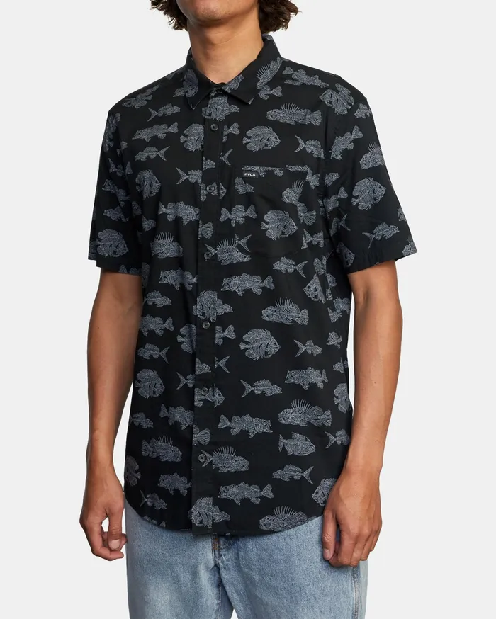 RVCA Mens Shirts Ben Horton Dead Fish Short Sleeve Shirt Black Blk Gift 4 You