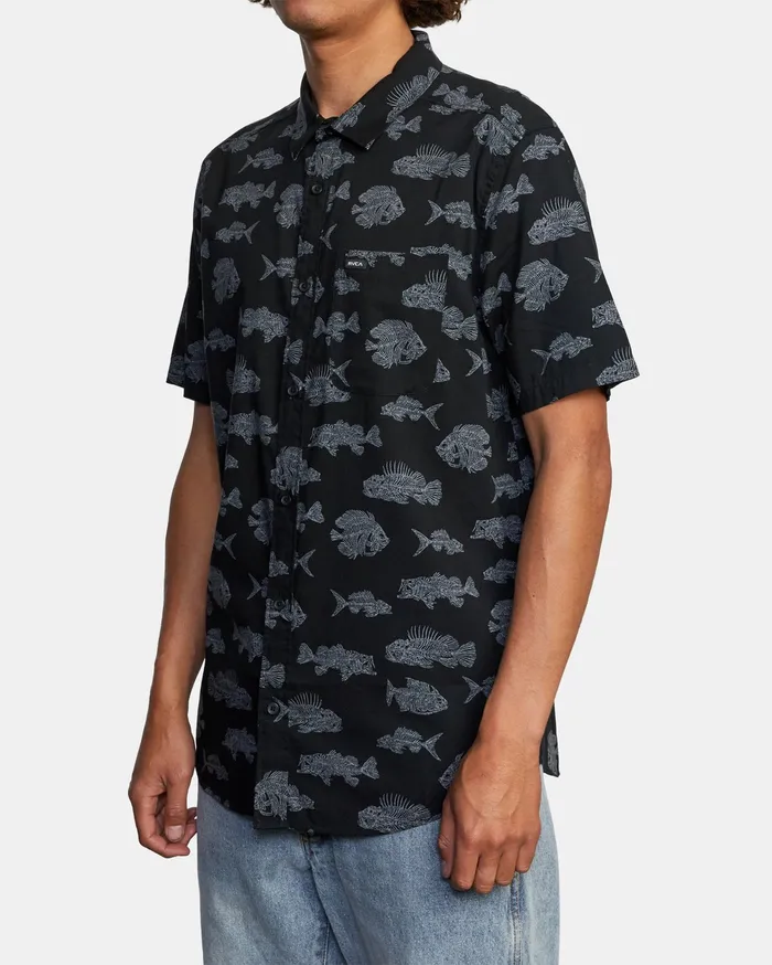 RVCA Mens Shirts Ben Horton Dead Fish Short Sleeve Shirt Black Blk Gift 4 You