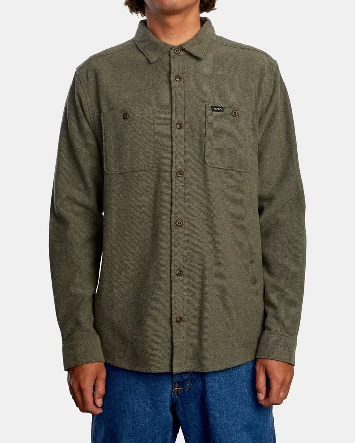 RVCA Mens Shirts Harvest Long Sleeve Flannel Olive Olv For Sale