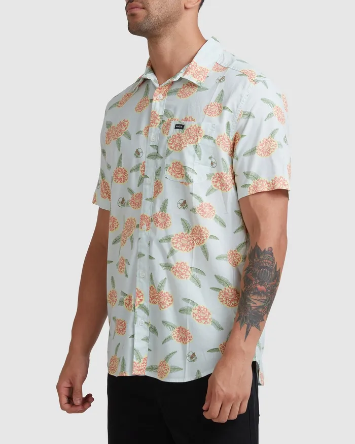 RVCA Mens Shirts Luke P Floral Short Sleeve Shirt Green Tea Gnt Gift 4 You