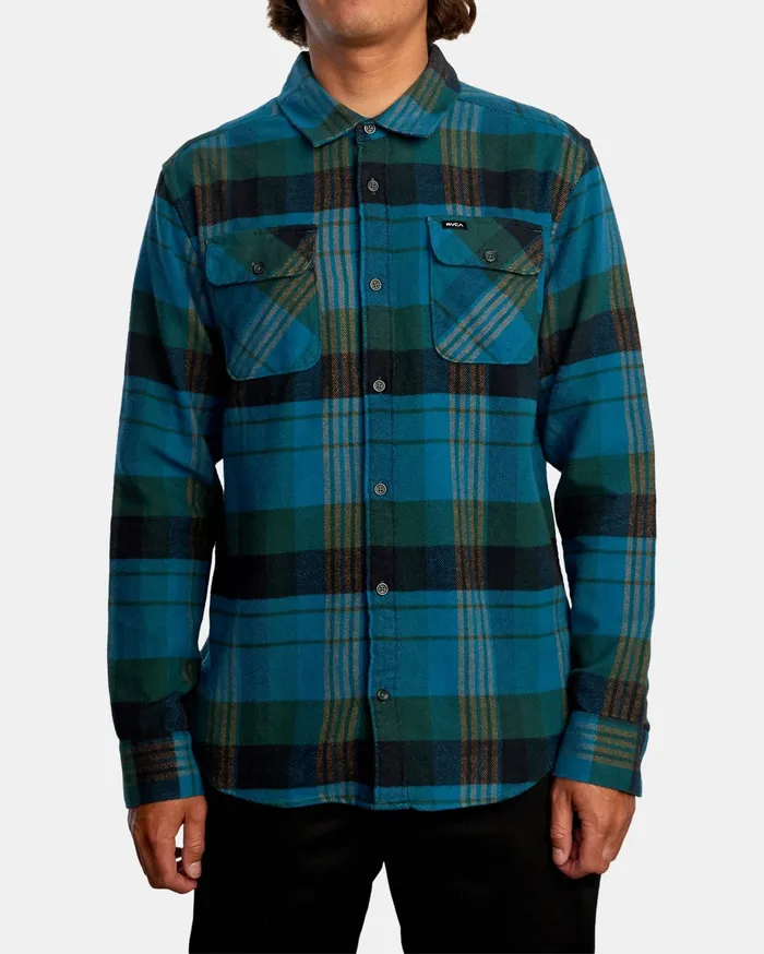 RVCA Mens Shirts Thatll Work Flannel Long Sleeve Shirt Hunter Green Dgn On Sale