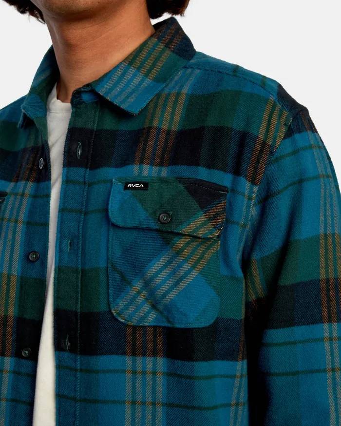 RVCA Mens Shirts Thatll Work Flannel Long Sleeve Shirt Hunter Green Dgn On Sale