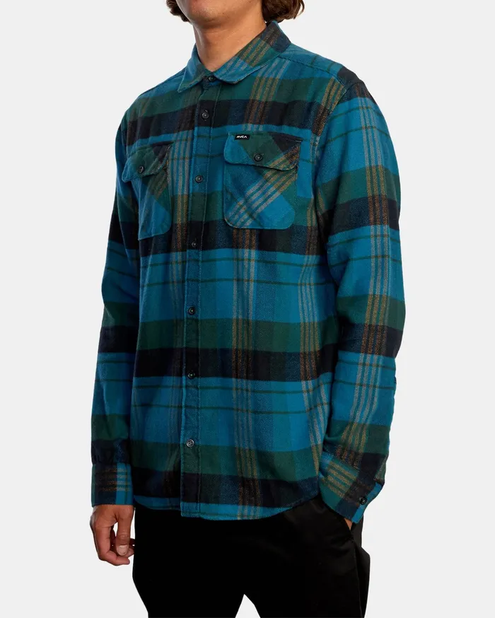 RVCA Mens Shirts Thatll Work Flannel Long Sleeve Shirt Hunter Green Dgn On Sale