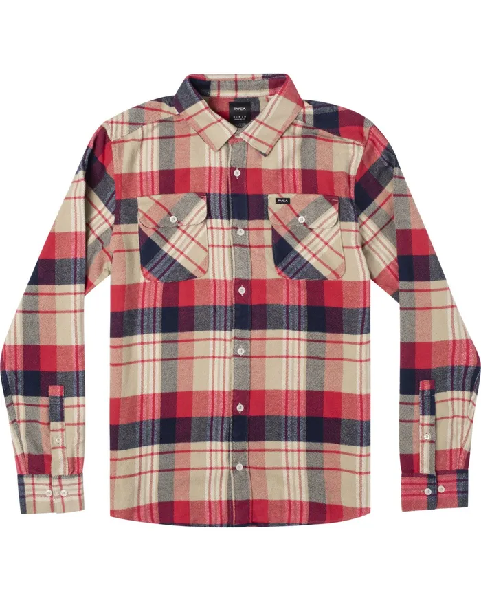 RVCA Mens Shirts Thatll Work Flannel Long Sleeve Shirt Khaki Kha On Sale
