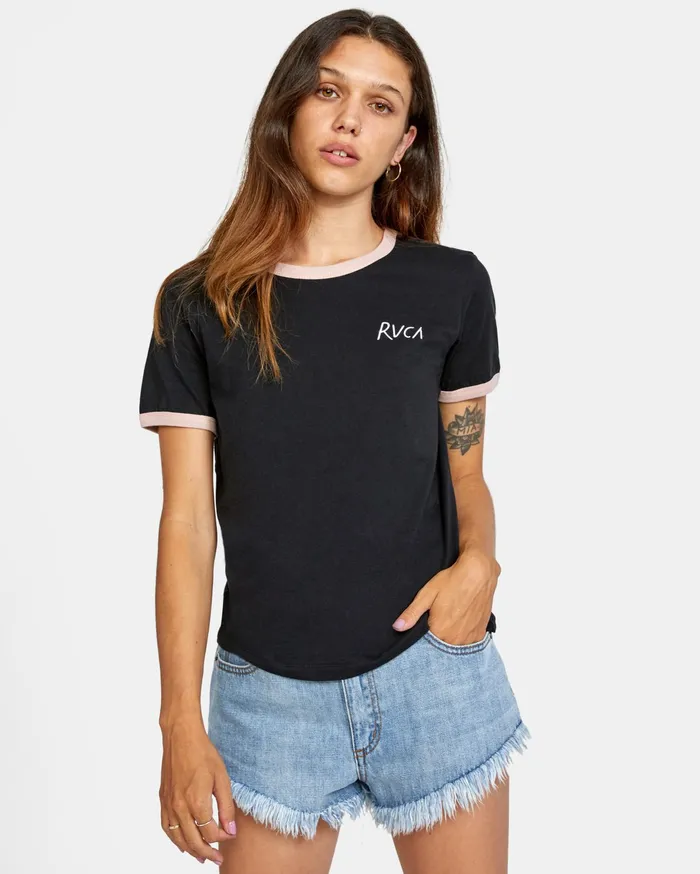 RVCA Womens Graphic Tees Scribble Rvca Short Sleeve Ringer Tee Black Blk