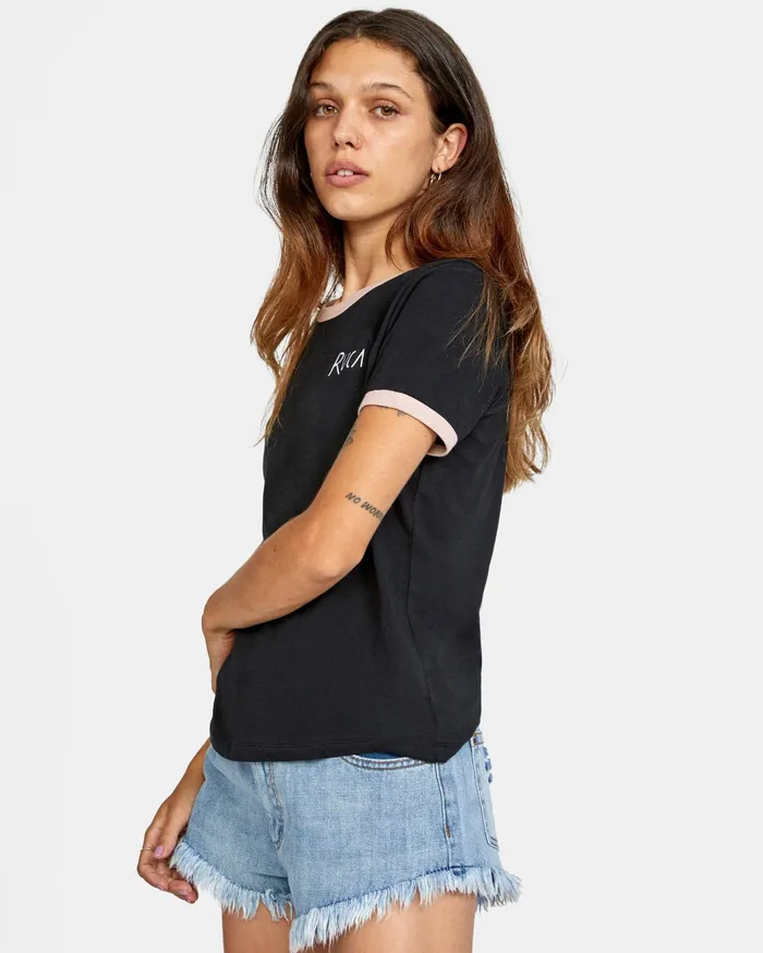 RVCA Womens Graphic Tees Scribble Rvca Short Sleeve Ringer Tee Black Blk