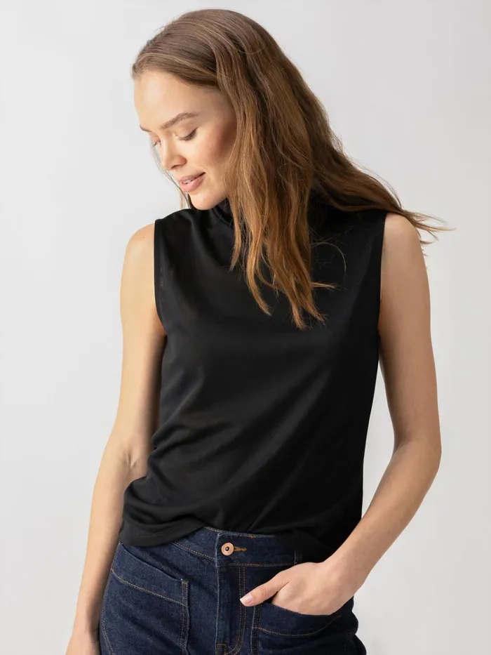 Shirred Neck Mesh Tank Black Women Sanctuary Clothing Tees and Tops