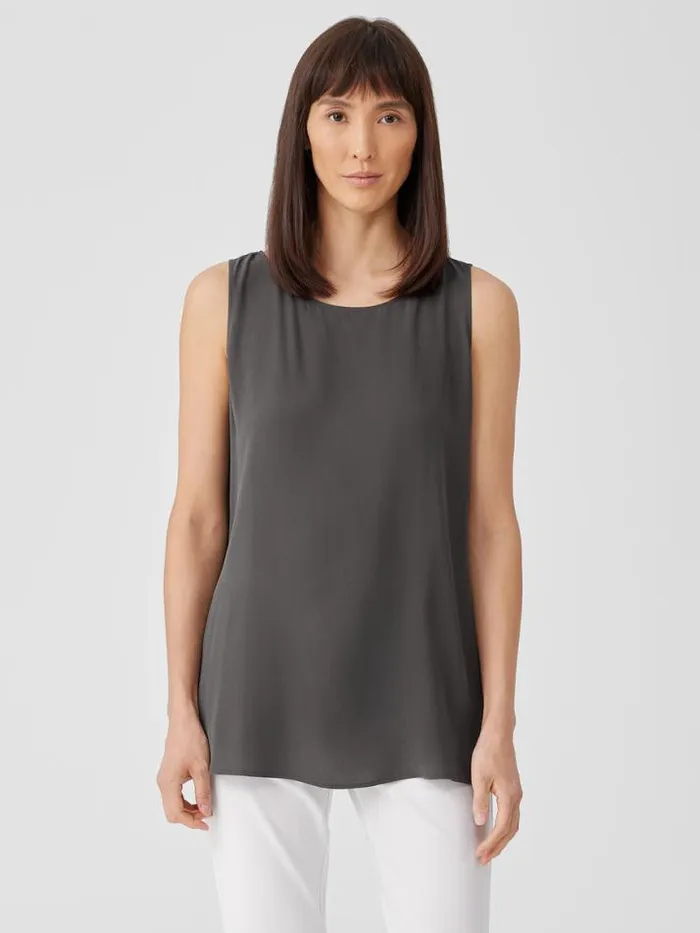 Shop Eileen Fisher Tanks and Camis Silk Georgette CrepeBallet Neck Long Tank Grove