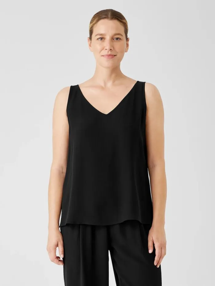 Shop Eileen Fisher Tanks and Camis Silk Georgette Crepe VNeck Top Black