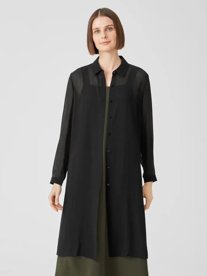 Shop Eileen Fisher Tops and Tees Sheer Silk Georgette Classic Collar Long Shirt Black