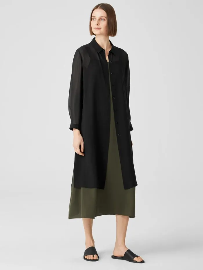 Shop Eileen Fisher Tops and Tees Sheer Silk Georgette Classic Collar Long Shirt Black