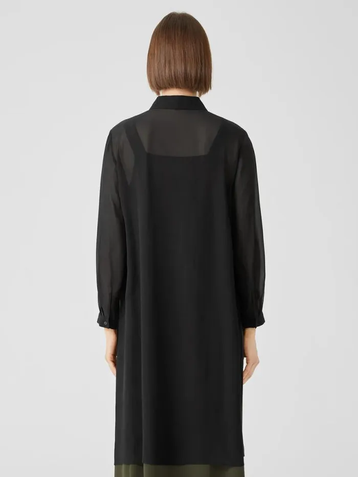 Shop Eileen Fisher Tops and Tees Sheer Silk Georgette Classic Collar Long Shirt Black