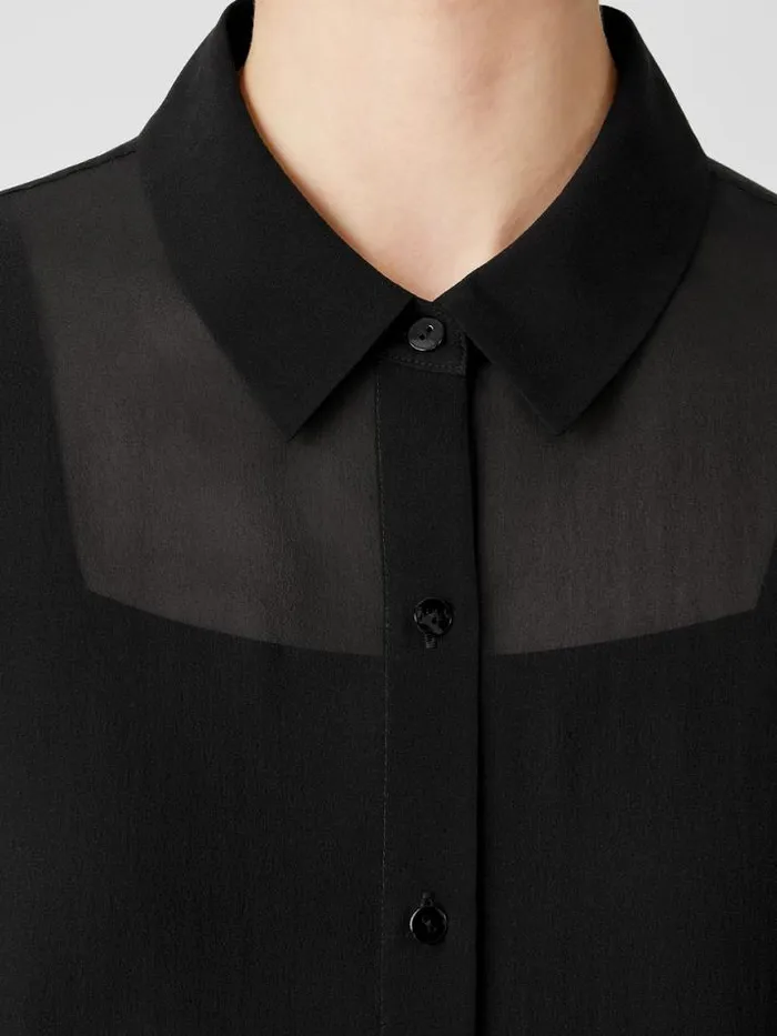 Shop Eileen Fisher Tops and Tees Sheer Silk Georgette Classic Collar Long Shirt Black