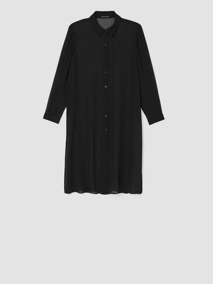 Shop Eileen Fisher Tops and Tees Sheer Silk Georgette Classic Collar Long Shirt Black