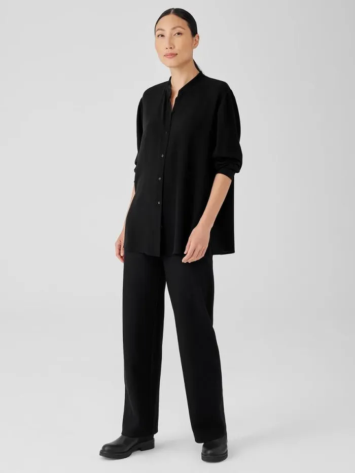 Shop Eileen Fisher Tops and Tees Silk Georgette Crepe Mandarin CollarShirt Black