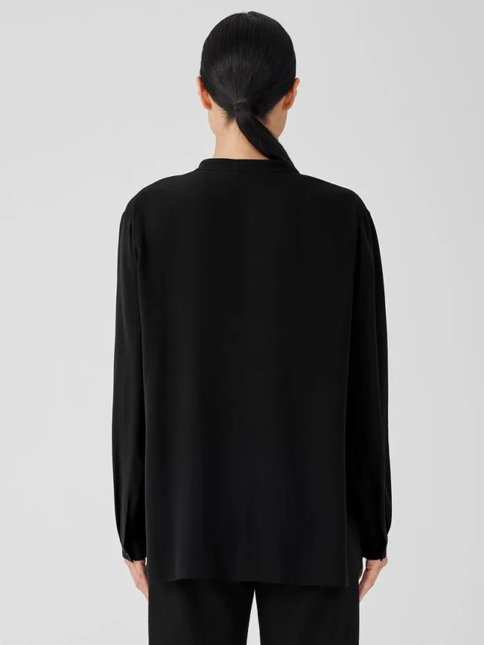 Shop Eileen Fisher Tops and Tees Silk Georgette Crepe Mandarin CollarShirt Black