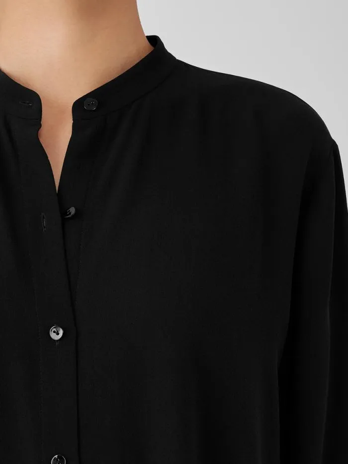 Shop Eileen Fisher Tops and Tees Silk Georgette Crepe Mandarin CollarShirt Black